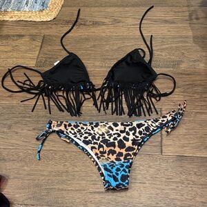 Black Fringe Bikini Top with Leopard Print Bottom